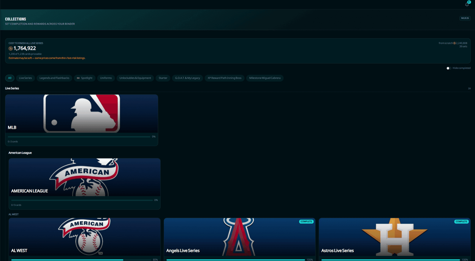 The DiamondOps collections page showing set completion and the stub cost to finish all Live Series