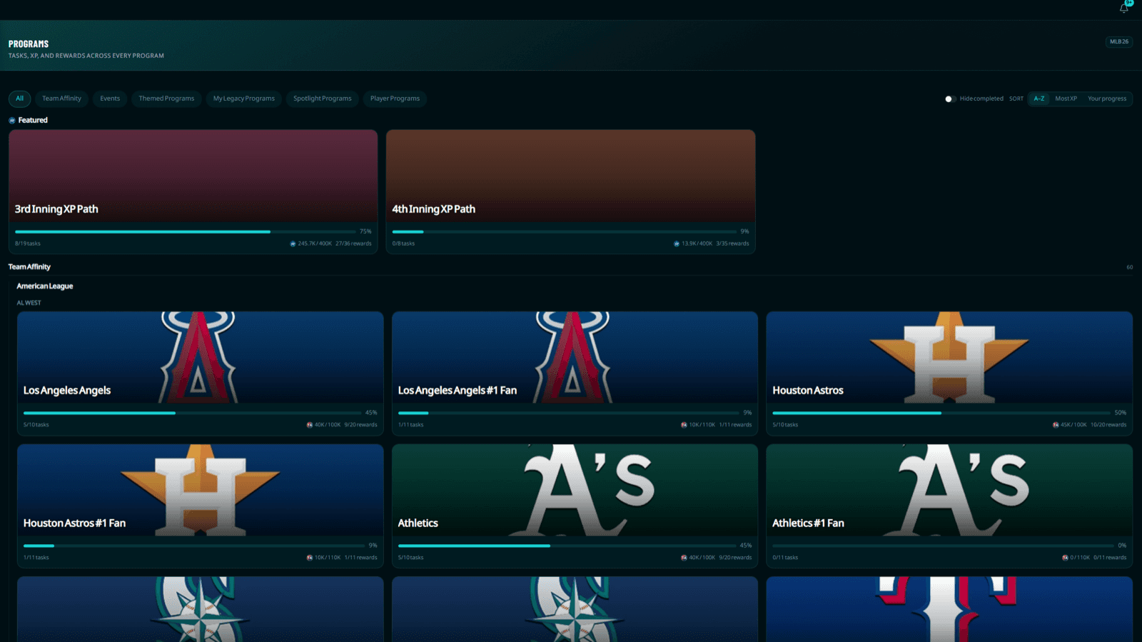 The DiamondOps programs page showing tasks, XP, and rewards across every program with progress tracked