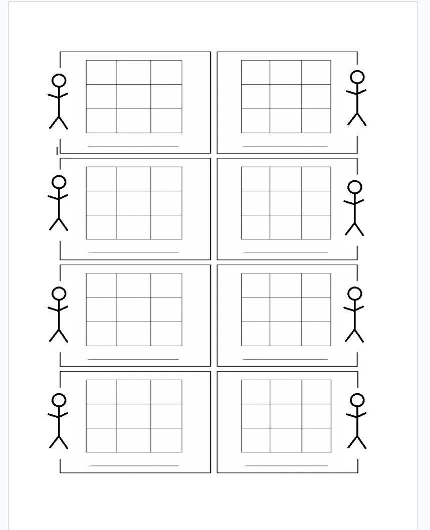 A printed sheet of eight blank strike-zone grids for tracking pitches by hand