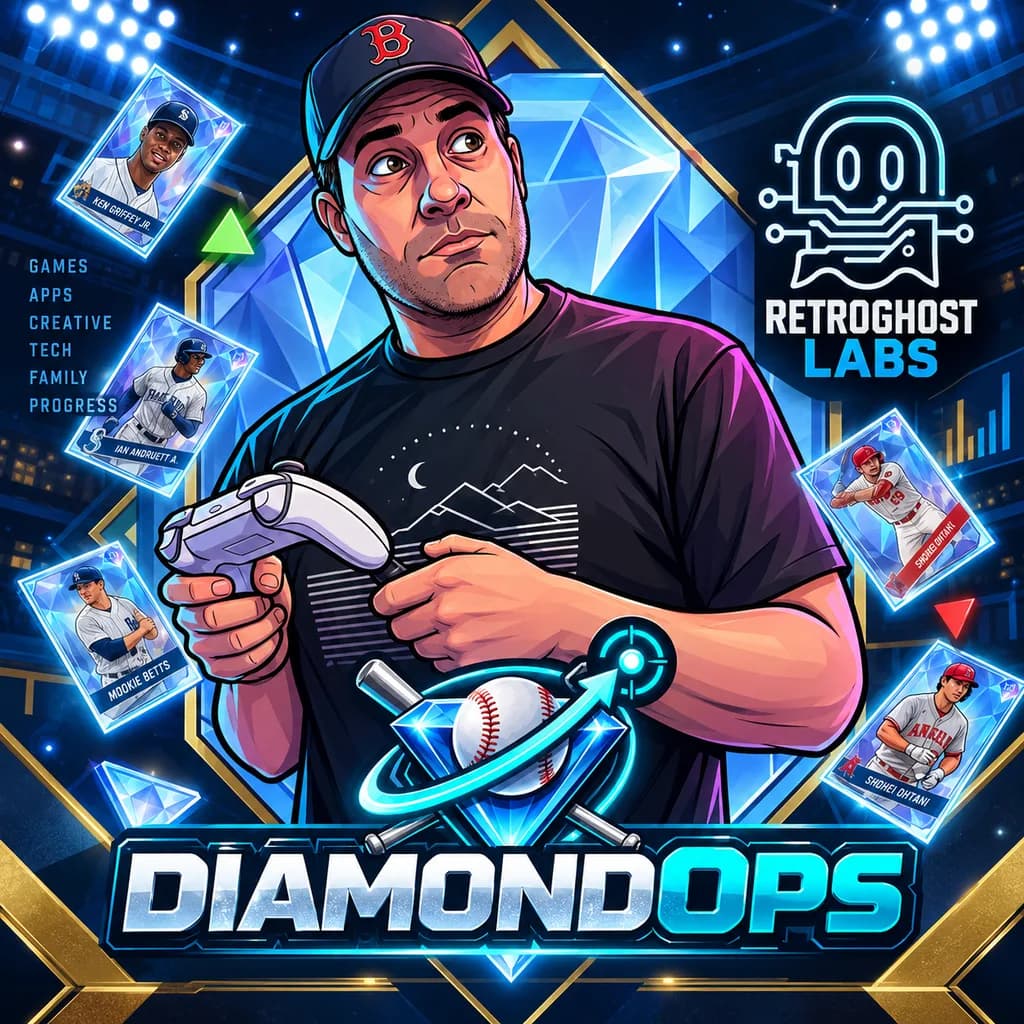 Illustration of Shaun in a baseball cap holding a game controller, with the DiamondOps and RetroGhost Labs logos behind him
