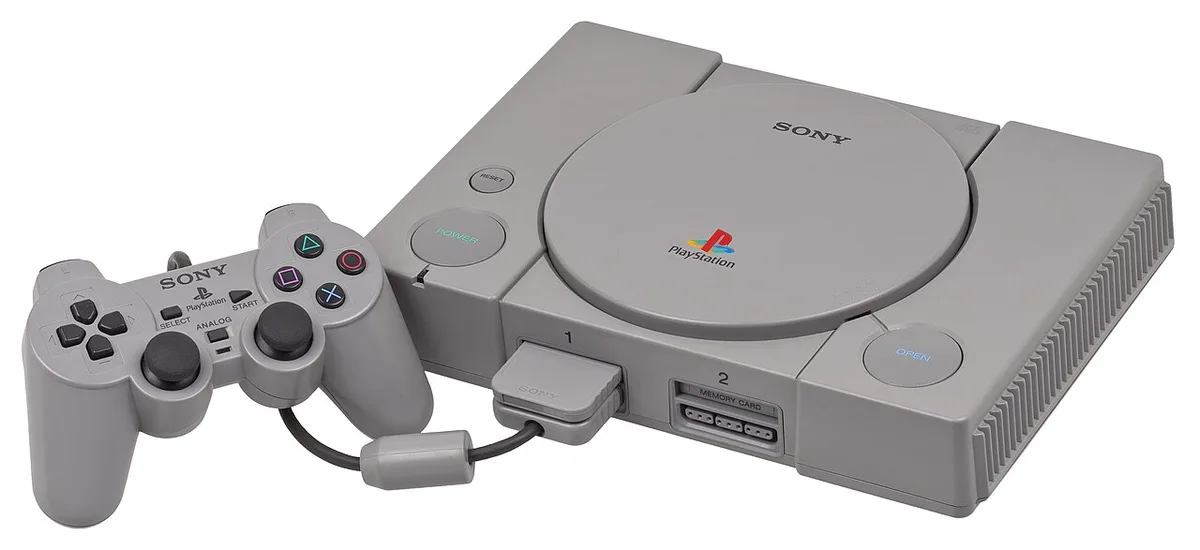 The original Sony PlayStation with a controller