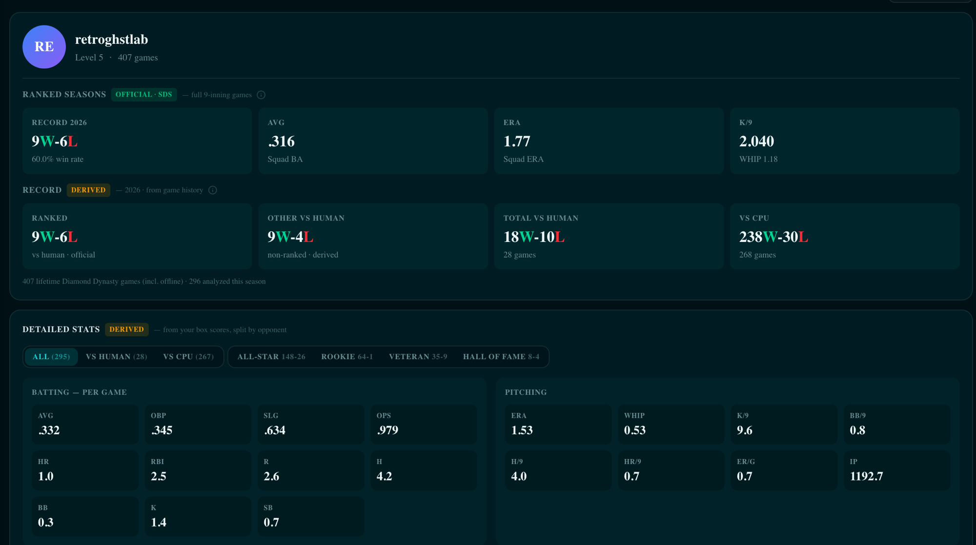 My Games record splits — official Ranked Seasons next to derived vs-human and vs-CPU records, plus per-game batting and pitching stats split by opponent
